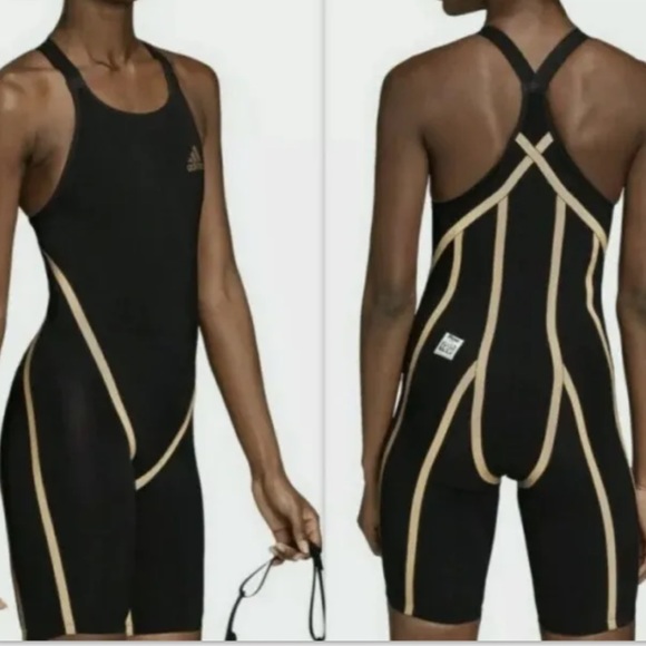 $450 NEW Womens Adidas Adizero XX Closed Back Swim Suit EK1329 Gold Black 24"